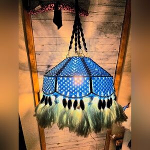 Vintage 1970's Blue Macrame Beaded Shade Leviton Light Brass Hanging Swag Lamp